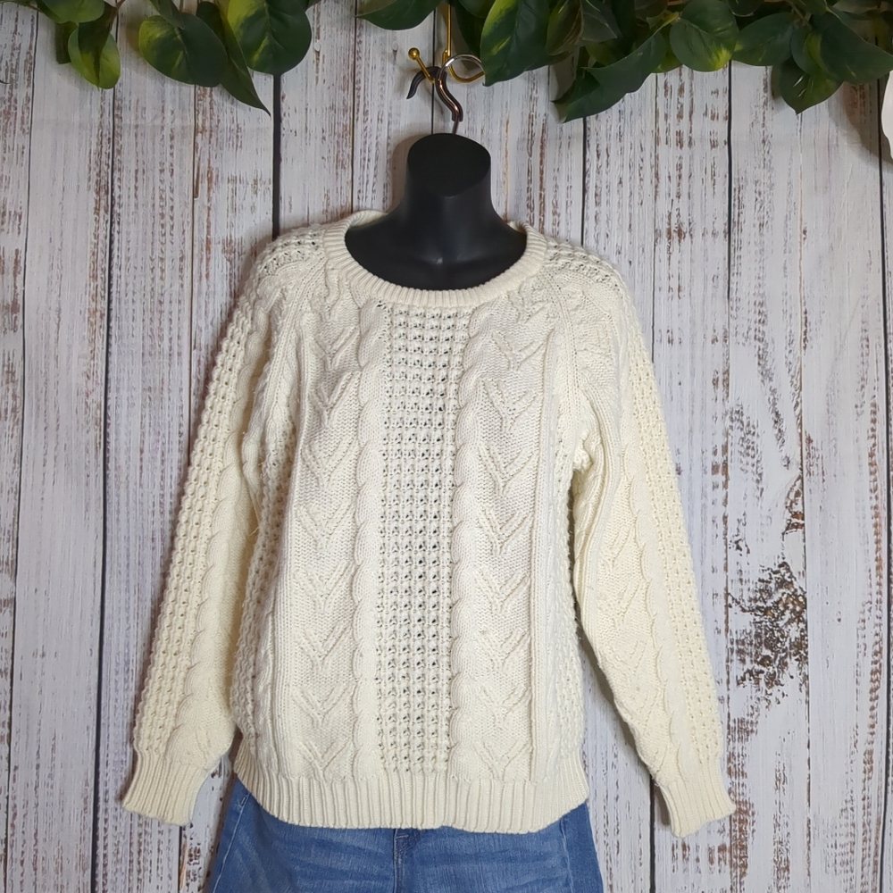 Andrew St. John vintage ivory chunky cable knit fisherman ribbed sweater